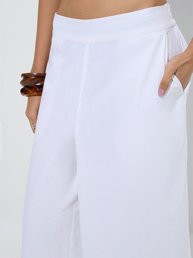 Bombay Paisley White Embroidered Cotton-Blend Palazzos - Image 3