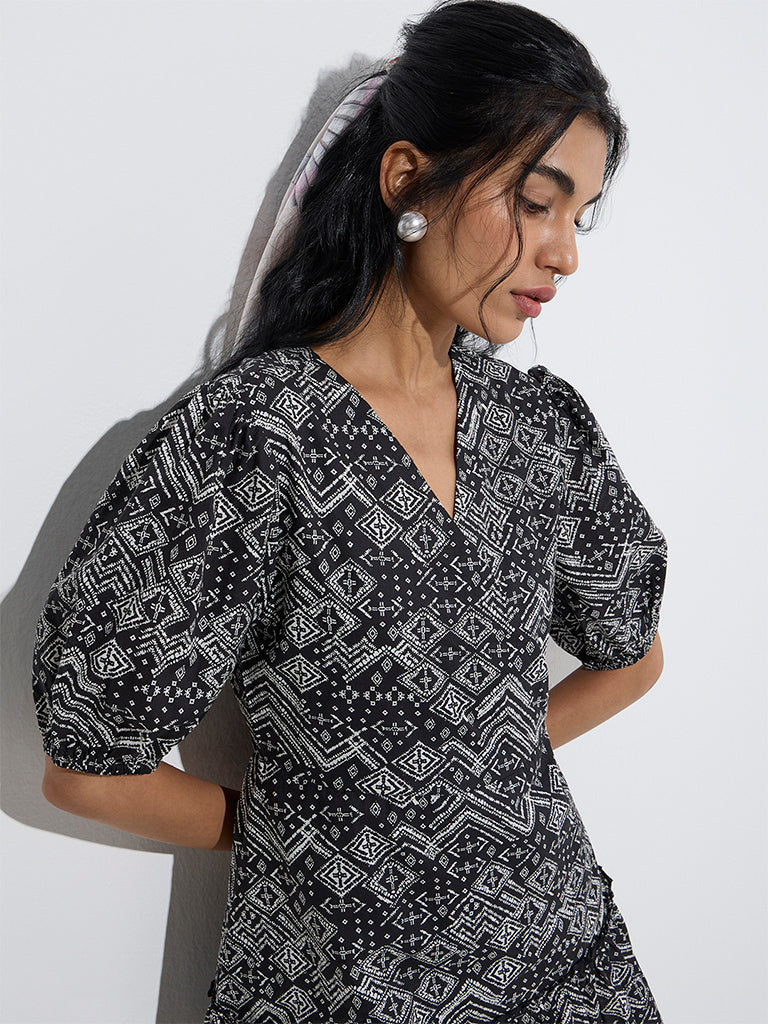 Bombay Paisley Black Geometric Printed Cotton Tiered Dress - Image 3