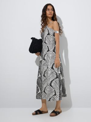 Bombay Paisley Black Leaf Design Cotton A-Line Dress