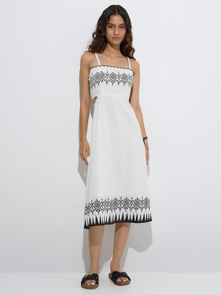 Bombay Paisley White Embroidered Cotton A-Line Dress