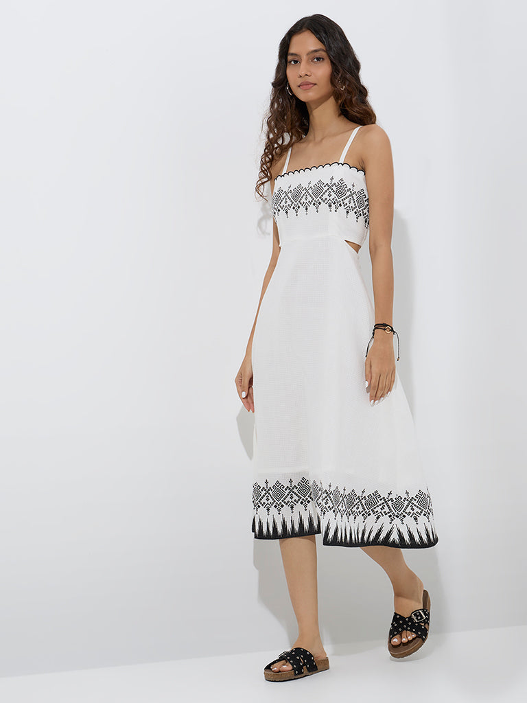 Bombay Paisley White Embroidered Cotton A-Line Dress - Image 2