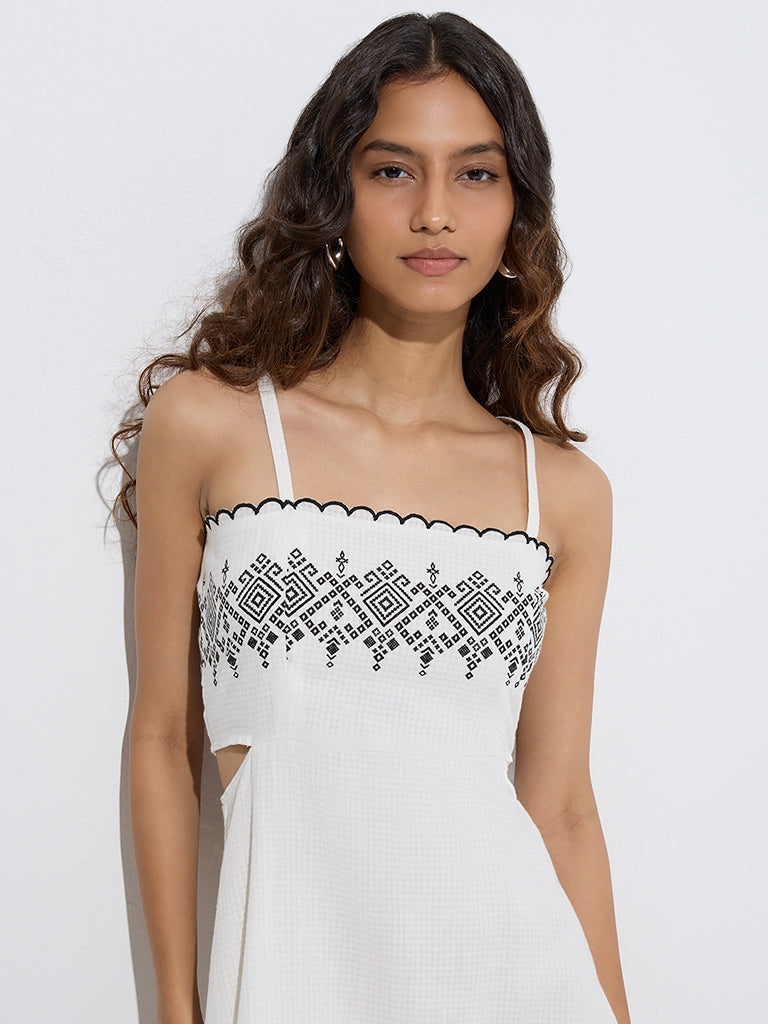 Bombay Paisley White Embroidered Cotton A-Line Dress - Image 3