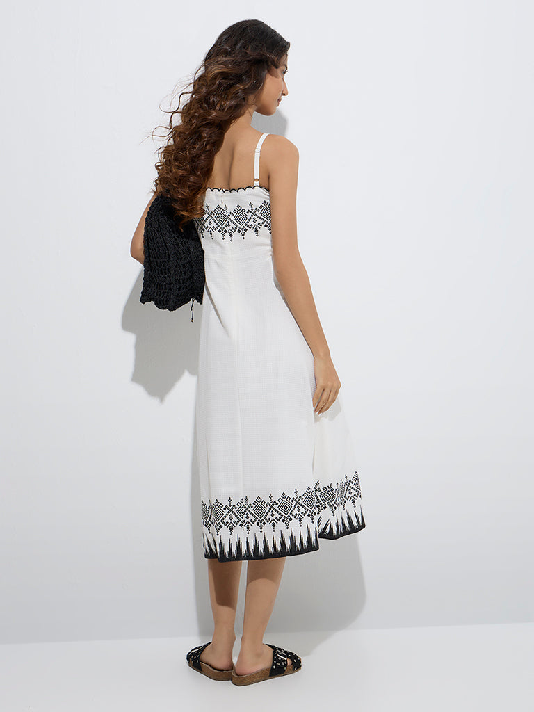 Bombay Paisley White Embroidered Cotton A-Line Dress - Image 4