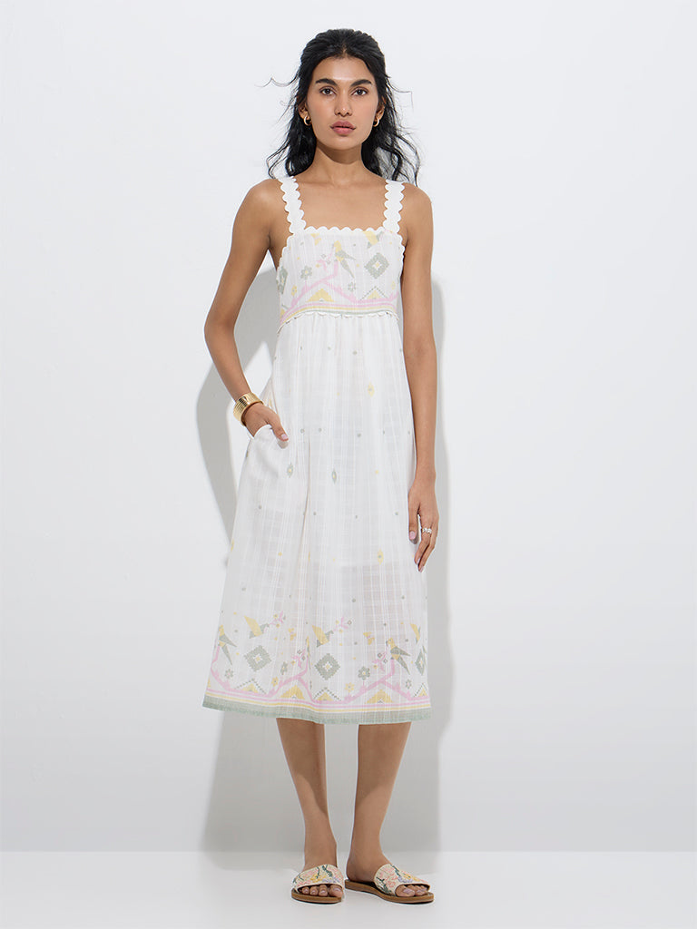Bombay Paisley White Nature-Inspired Cotton A-Line Dress - Image 2
