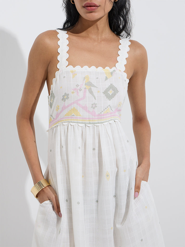 Bombay Paisley White Nature-Inspired Cotton A-Line Dress - Image 3