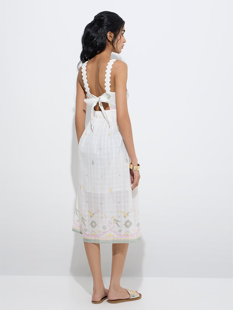 Bombay Paisley White Nature-Inspired Cotton A-Line Dress - Image 4
