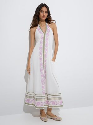 Bombay Paisley White Printed Design Cotton A-Line Dress