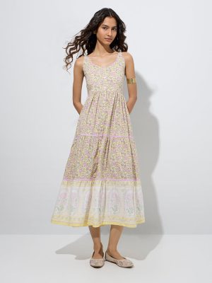 Bombay Paisley Yellow Floral Detailed Cotton Tiered Dress