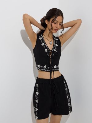 Bombay Paisley Black Floral Embroidered Cotton Top