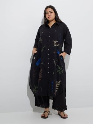 Diza Black Leaf Embroidered A-Line Cotton Kurta