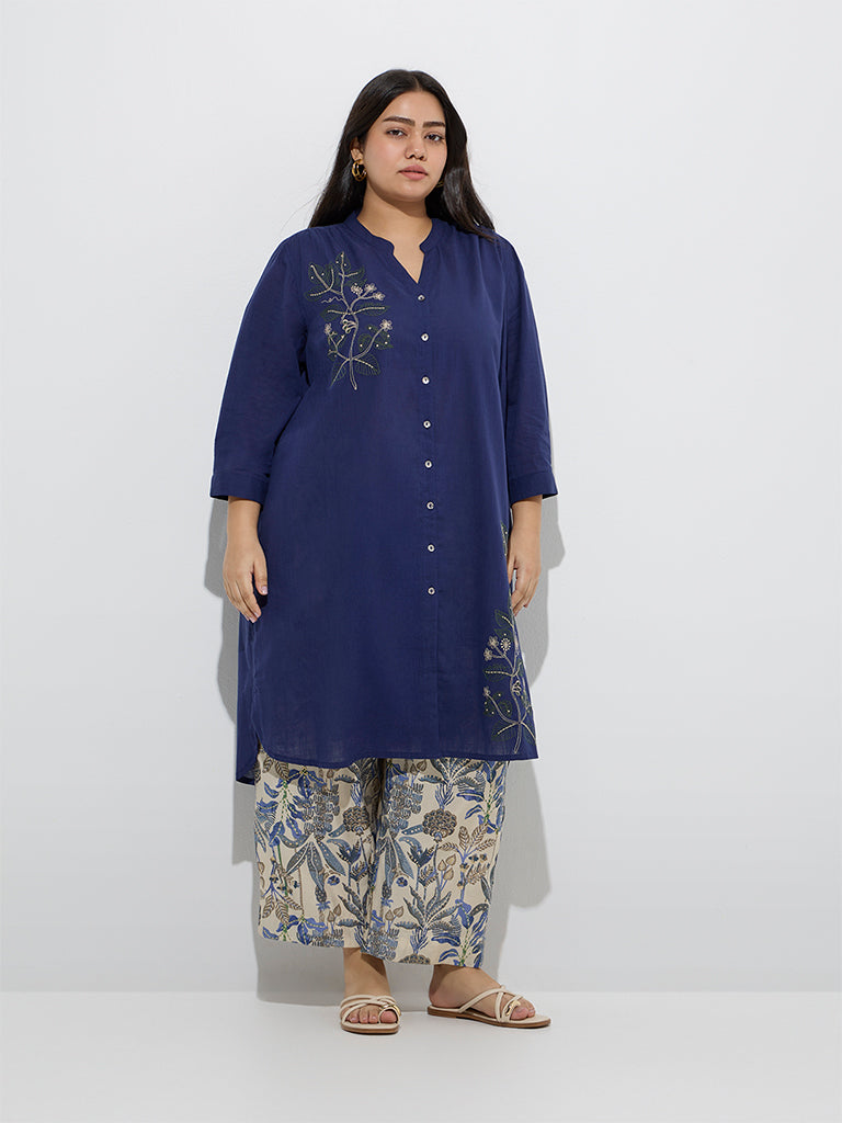 Diza Navy Embroidered Cotton Straight Kurta - Image 2