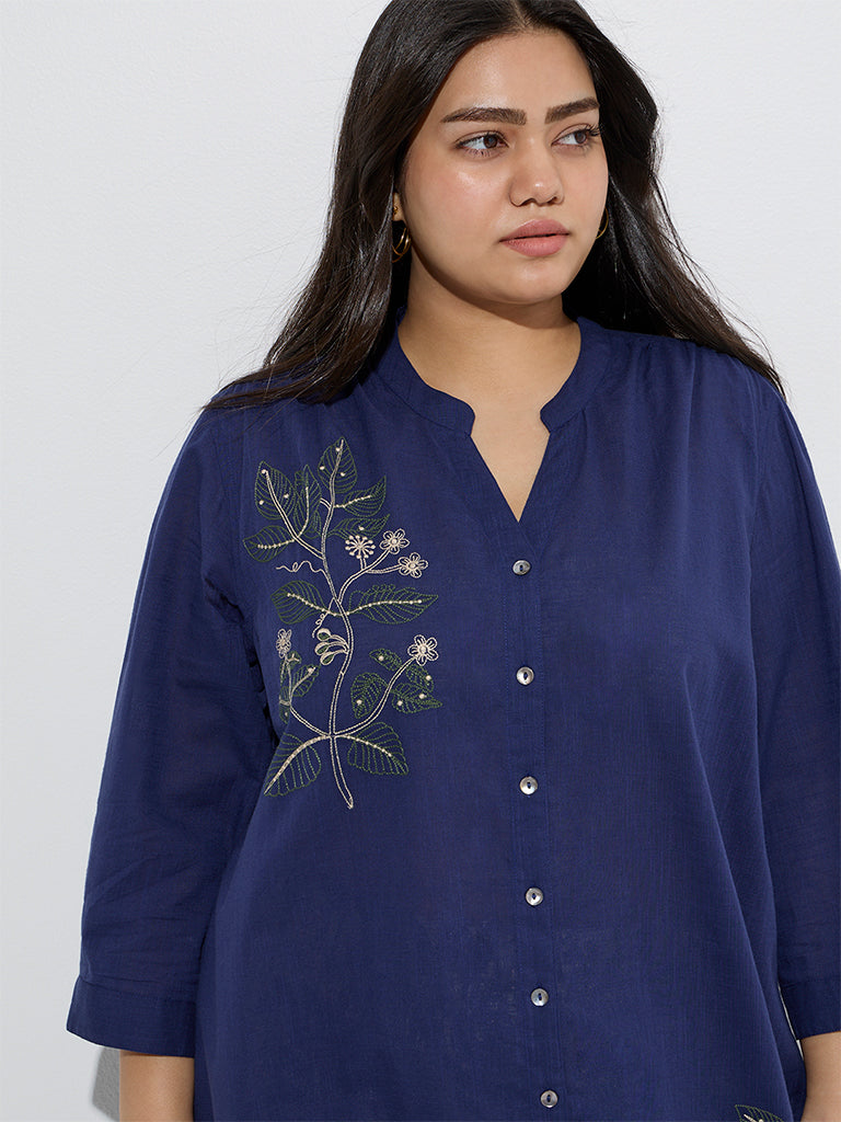 Diza Navy Embroidered Cotton Straight Kurta - Image 3