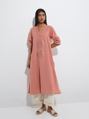Utsa Peach Mandala-Inspired Cotton A-Line Kurta