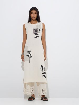 Utsa Off-White Floral Cotton-Blend A-Line Kurta