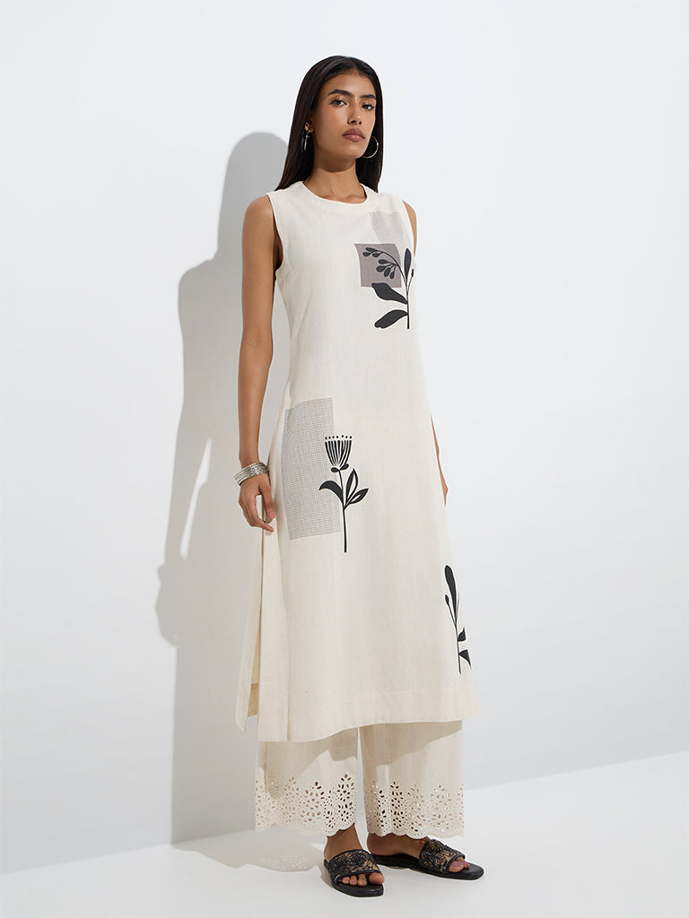 Utsa Off-White Floral Cotton-Blend A-Line Kurta - Image 2
