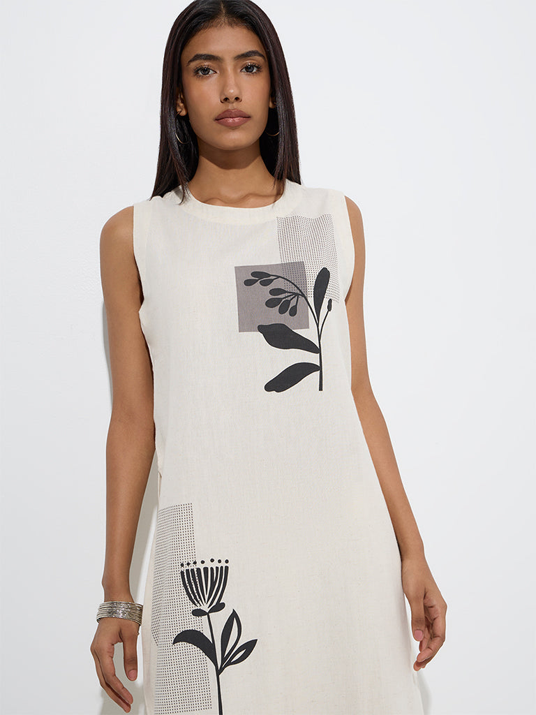Utsa Off-White Floral Cotton-Blend A-Line Kurta - Image 3