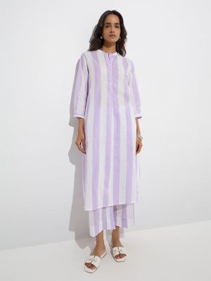Utsa Lilac Striped A-Line Cotton Kurta