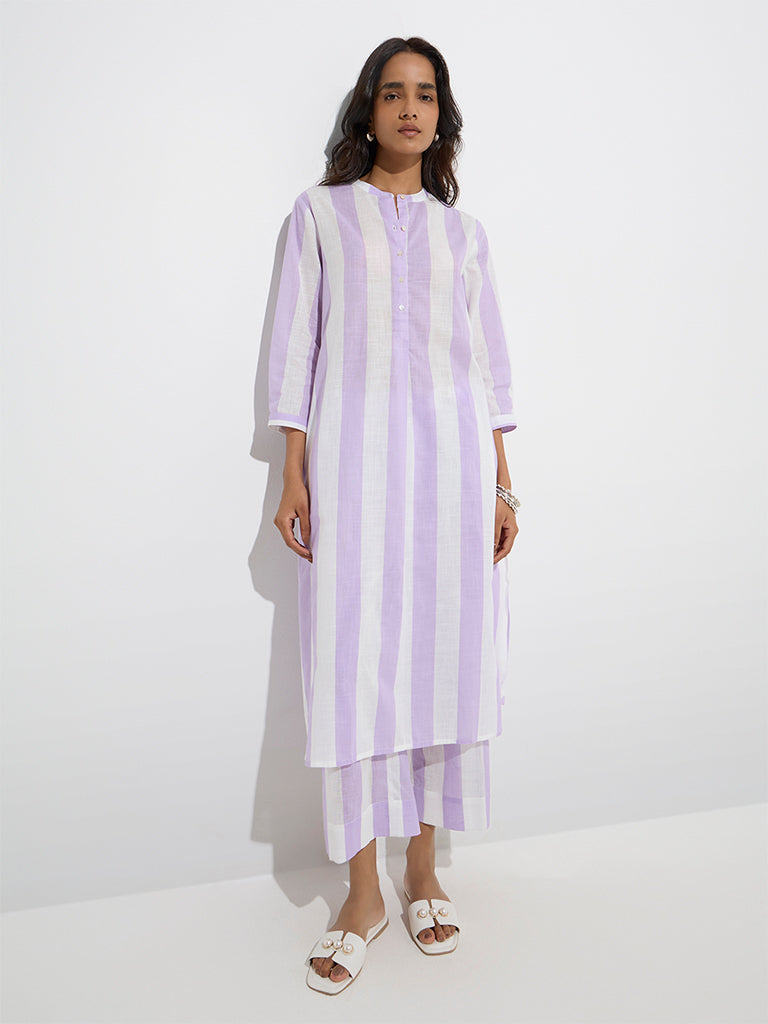 Utsa Lilac Striped A-Line Cotton Kurta