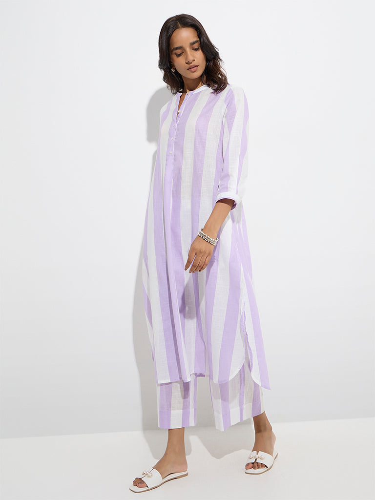Utsa Lilac Striped A-Line Cotton Kurta - Image 2