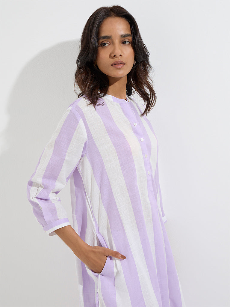 Utsa Lilac Striped A-Line Cotton Kurta - Image 3