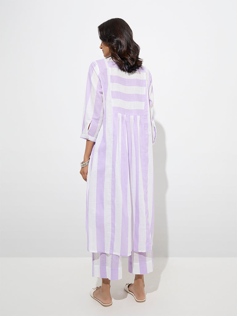 Utsa Lilac Striped A-Line Cotton Kurta - Image 4