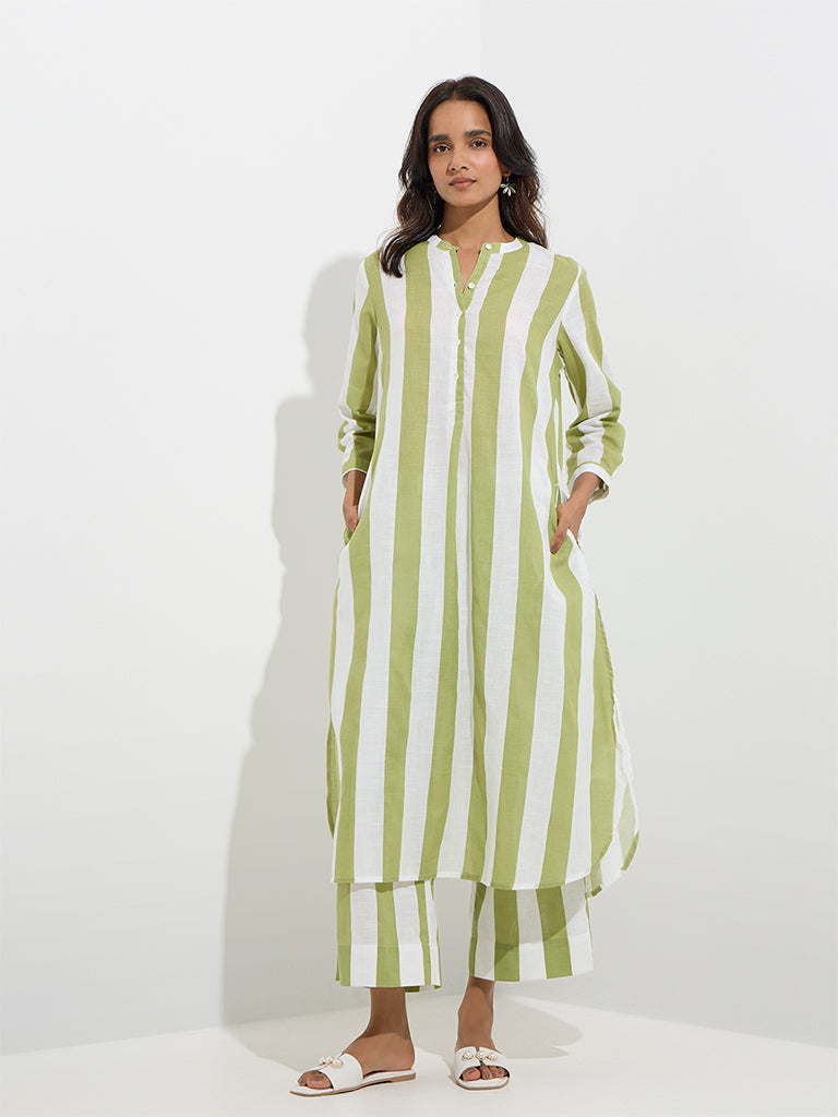 Utsa Olive Stripe Printed A-Line Cotton Kurta