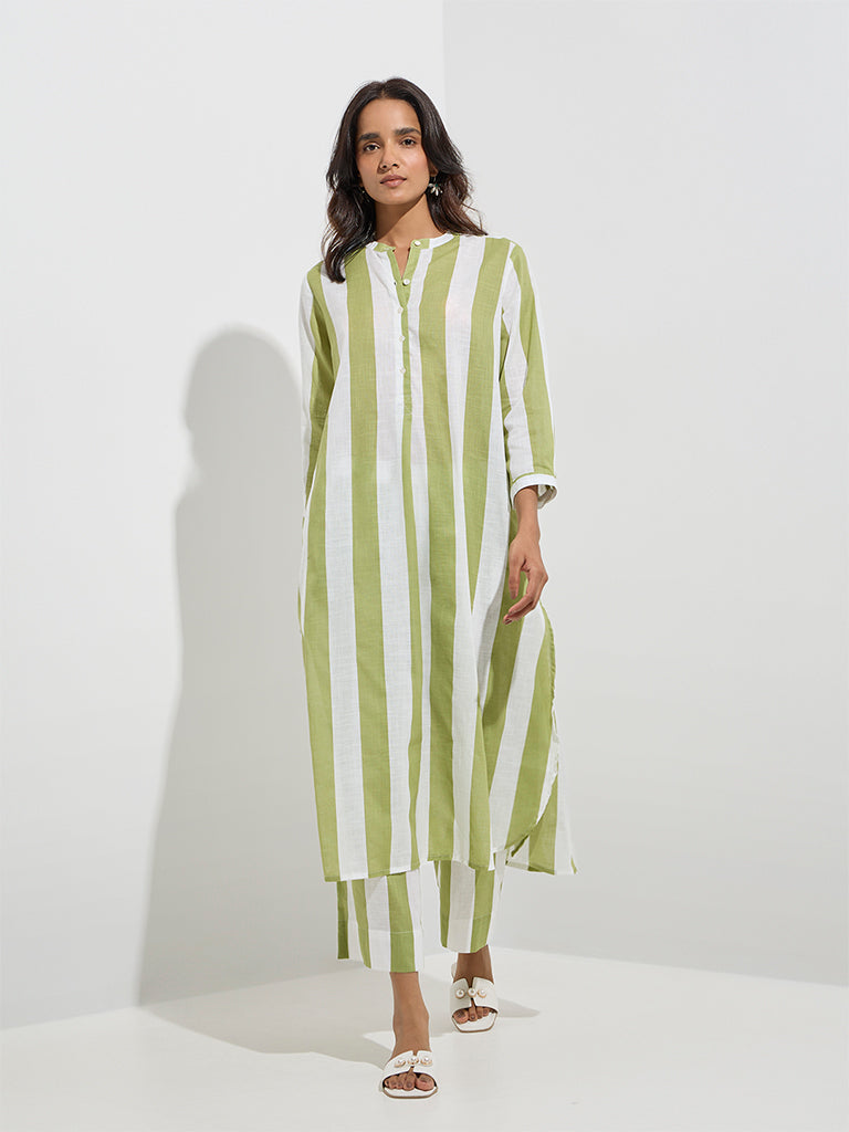 Utsa Olive Stripe Printed A-Line Cotton Kurta - Image 2