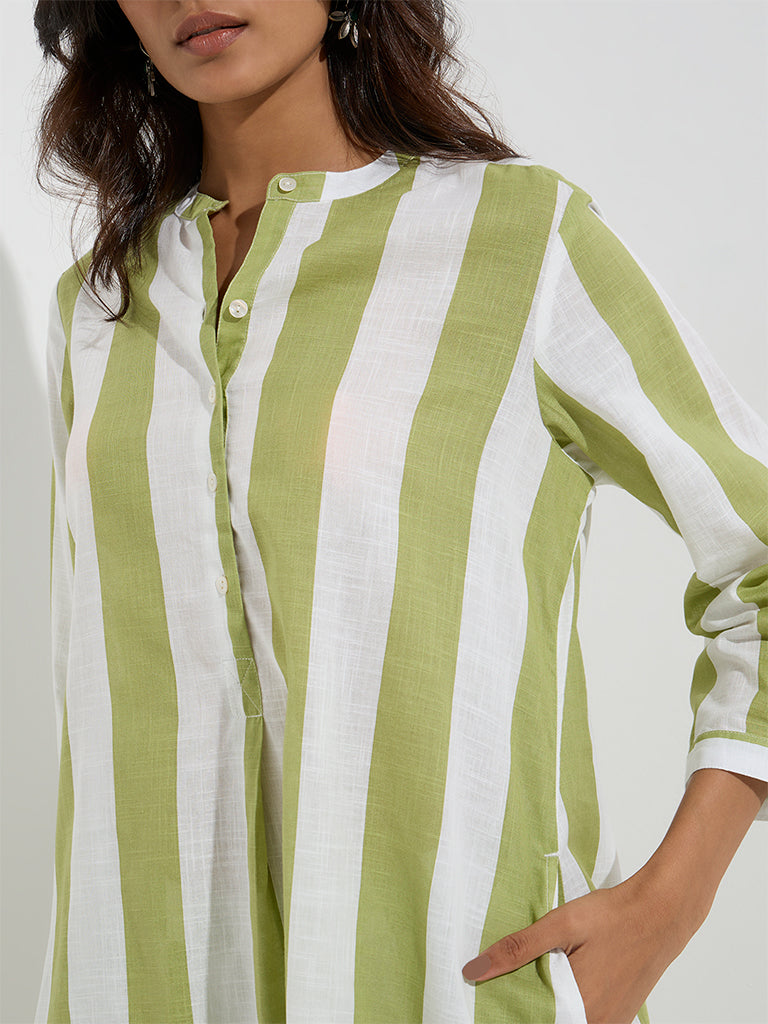 Utsa Olive Stripe Printed A-Line Cotton Kurta - Image 3