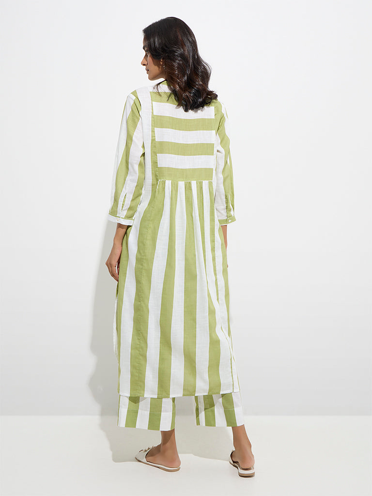 Utsa Olive Stripe Printed A-Line Cotton Kurta - Image 4