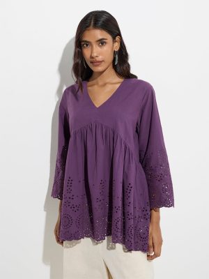 Utsa Purple Schiffli Detailed Cotton Tunic
