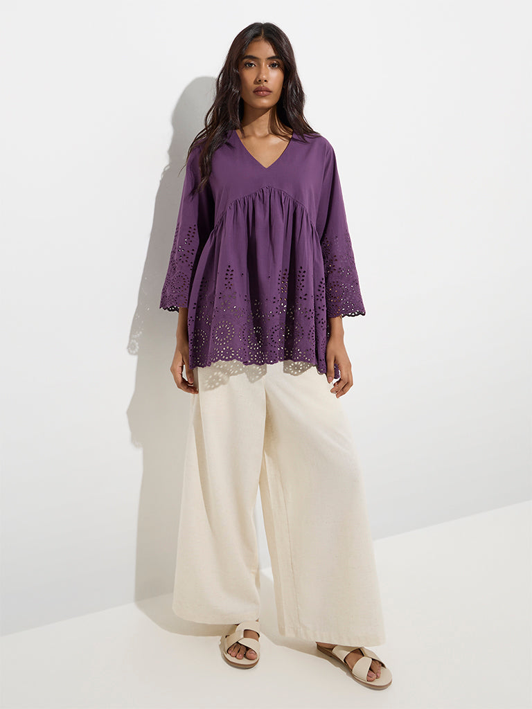 Utsa Purple Schiffli Detailed Cotton Tunic - Image 2