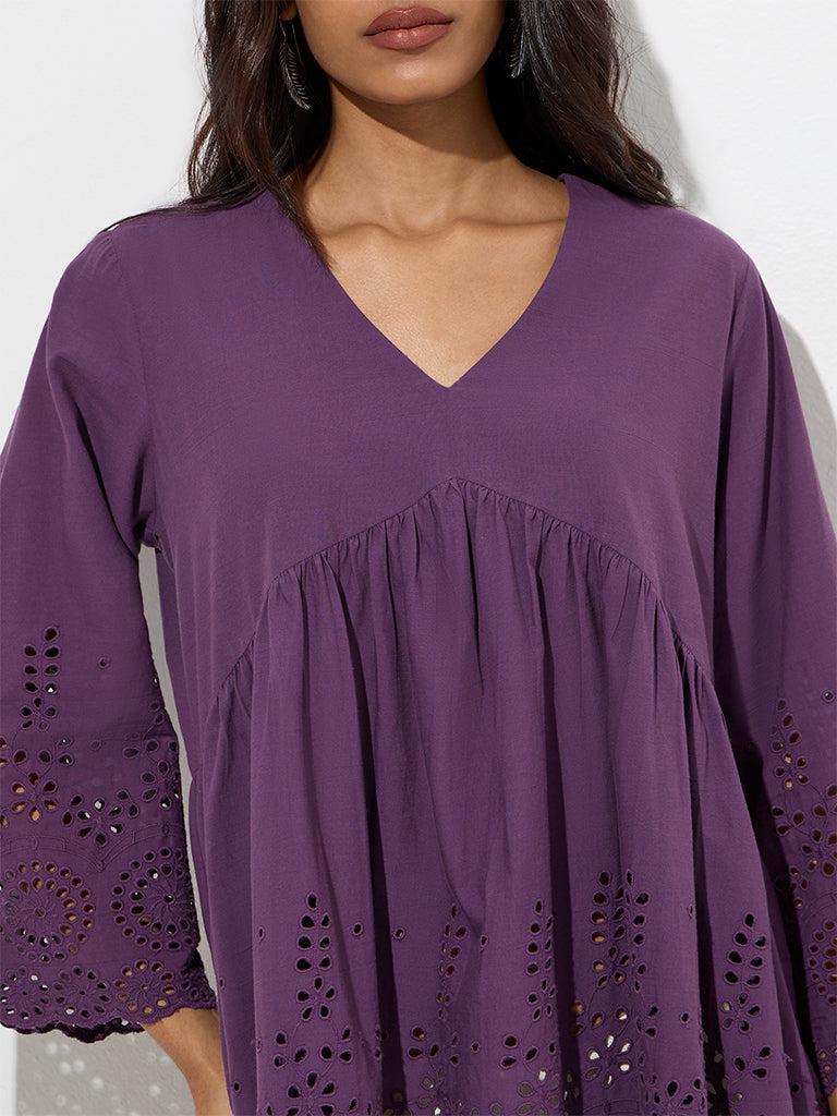 Utsa Purple Schiffli Detailed Cotton Tunic - Image 3