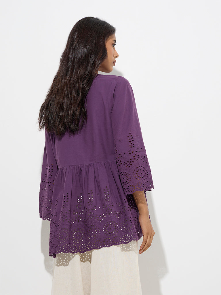 Utsa Purple Schiffli Detailed Cotton Tunic - Image 4
