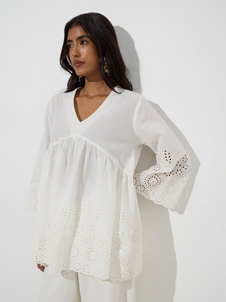 Utsa White Schiffli Patterned Cotton Kurti