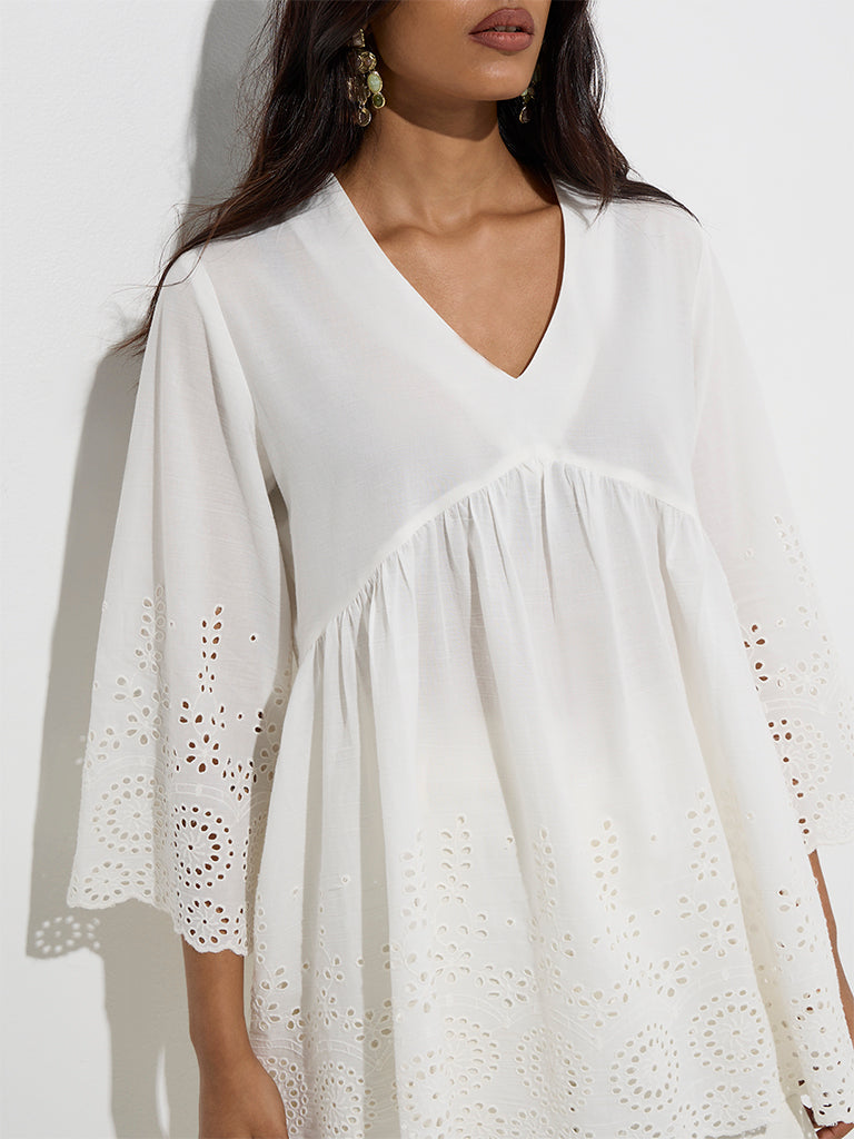 Utsa White Schiffli Patterned Cotton Kurti - Image 3