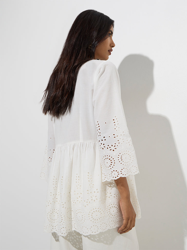 Utsa White Schiffli Patterned Cotton Kurti - Image 4