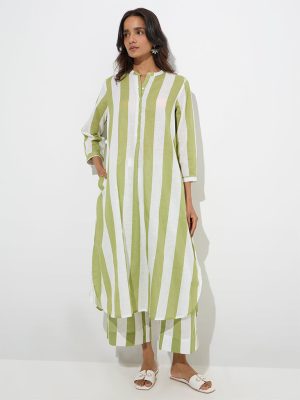 Utsa Olive Striped Cotton Ethnic Pants