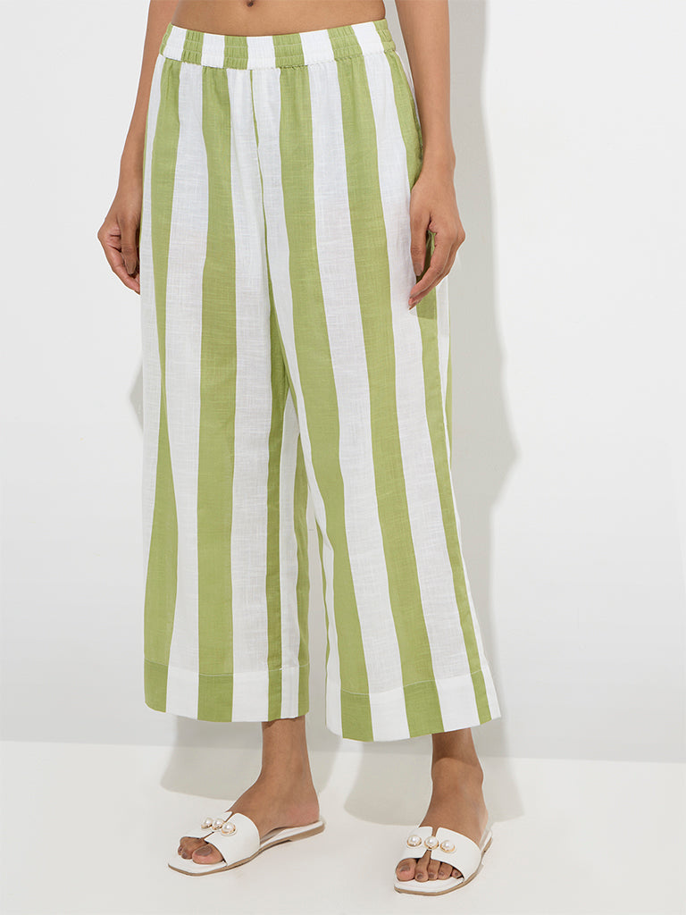 Utsa Olive Striped Cotton Ethnic Pants - Image 2