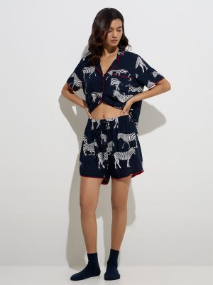 Wunderlove Navy Animal Design Cotton Shirt and Shorts Set