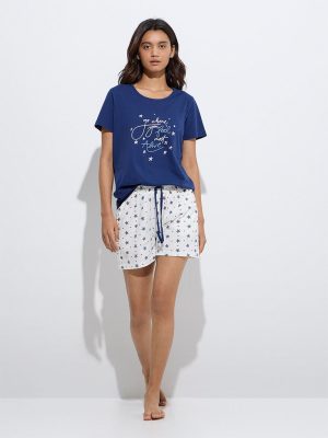 Wunderlove Navy Printed Cotton T-Shirt