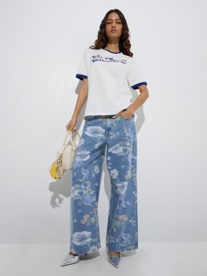 Nuon White Text Patterned Cotton T-Shirt