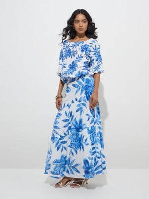 LOV Blue Foliage-Inspired High-Rise Skirt