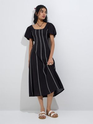 Bombay Paisley Black Embroidered Cotton-Blend A-Line Dress