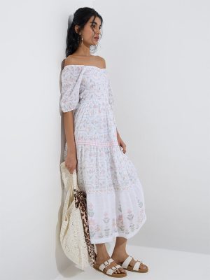 Bombay Paisley White Floral Pattern Cotton Tiered Dress