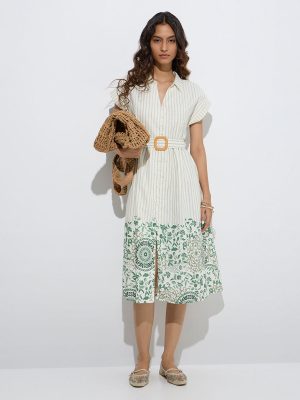 Bombay Paisley Green Cotton-Blend Shirt Dress with Belt