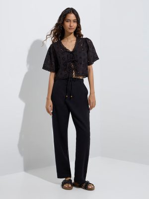 Bombay Paisley Black Schiffli-Detailed Cotton Top