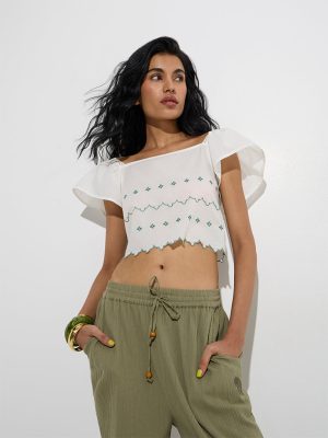 Bombay Paisley White Floral Embroidered Cotton Top