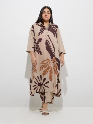 Diza Beige Tropical Design A-Line Cotton Kurta