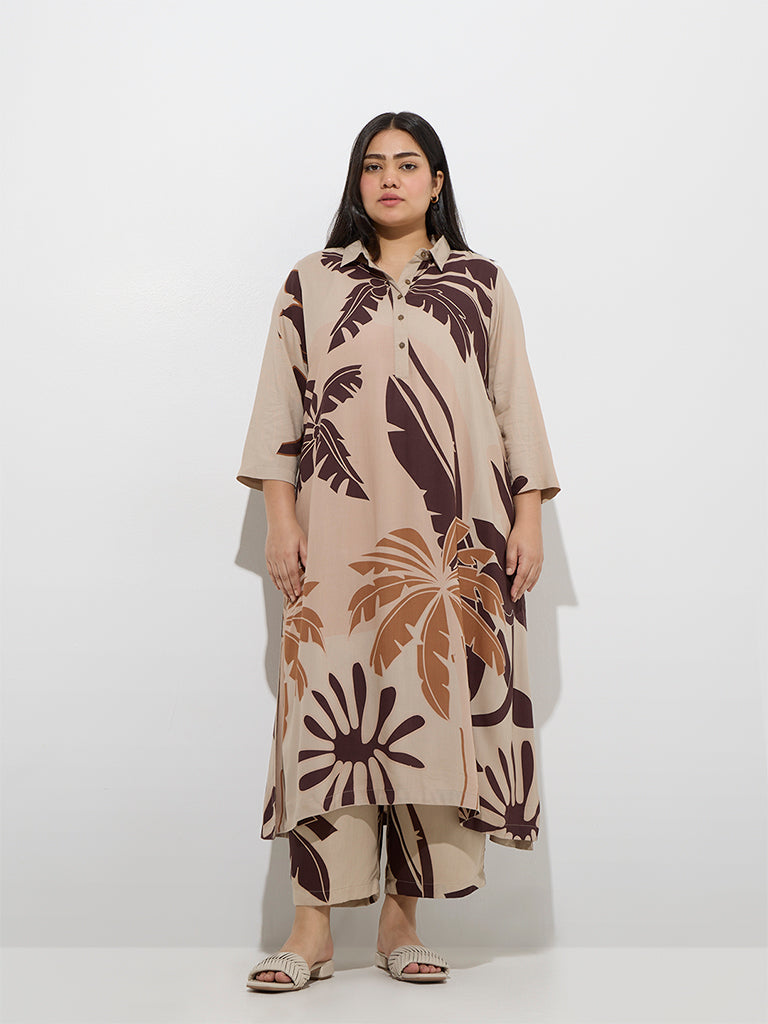 Diza Beige Tropical Design A-Line Cotton Kurta - Image 2
