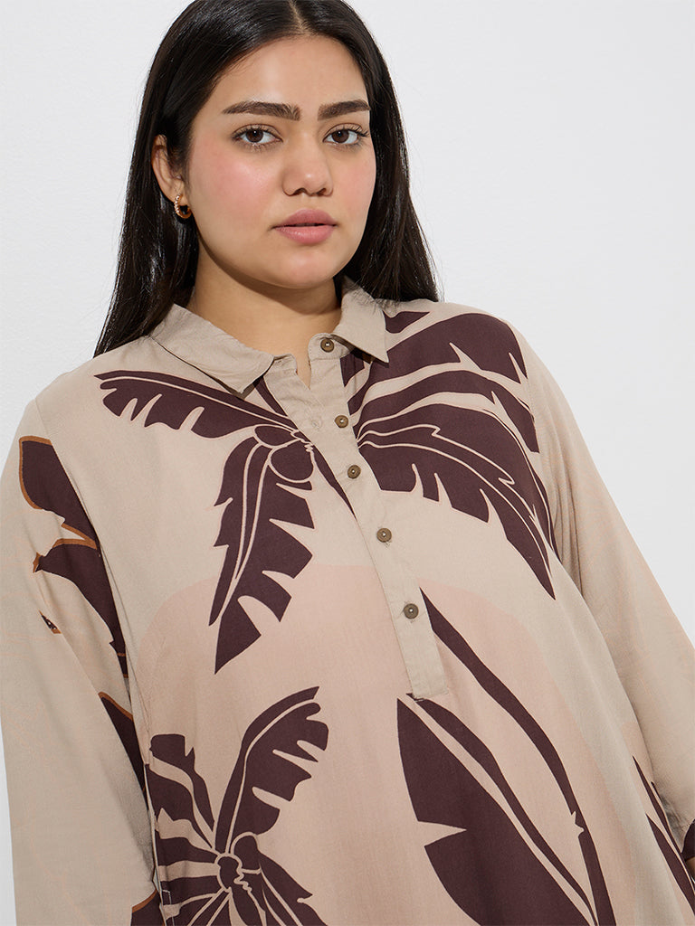 Diza Beige Tropical Design A-Line Cotton Kurta - Image 3